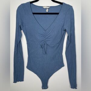 AÉROPOSTALE blue ribbed ruched bodysuit